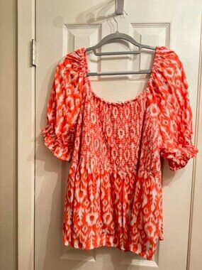 Cato Orange White Smocked Peasant Top Puff Sleeve Blouse Size 22/24